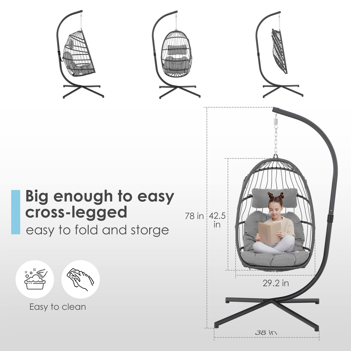 Brafab Swing Egg Chair, Hammock Chair, Hanging Chair, Aluminum Frame and UV Resistant Cushion with Steel Stand for Indoor Outdoor Patio Bedroom Wicker Rattan Hand Made Chair 350LBS Capacity Brafab