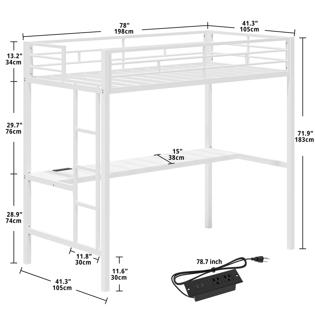 LIKIMIO Loft Bed Twin Size with Desk, Metal Loft Bed Frame with Power Outlet and LED Lighted, Space-Saving, Noise Free, White LIKIMIO