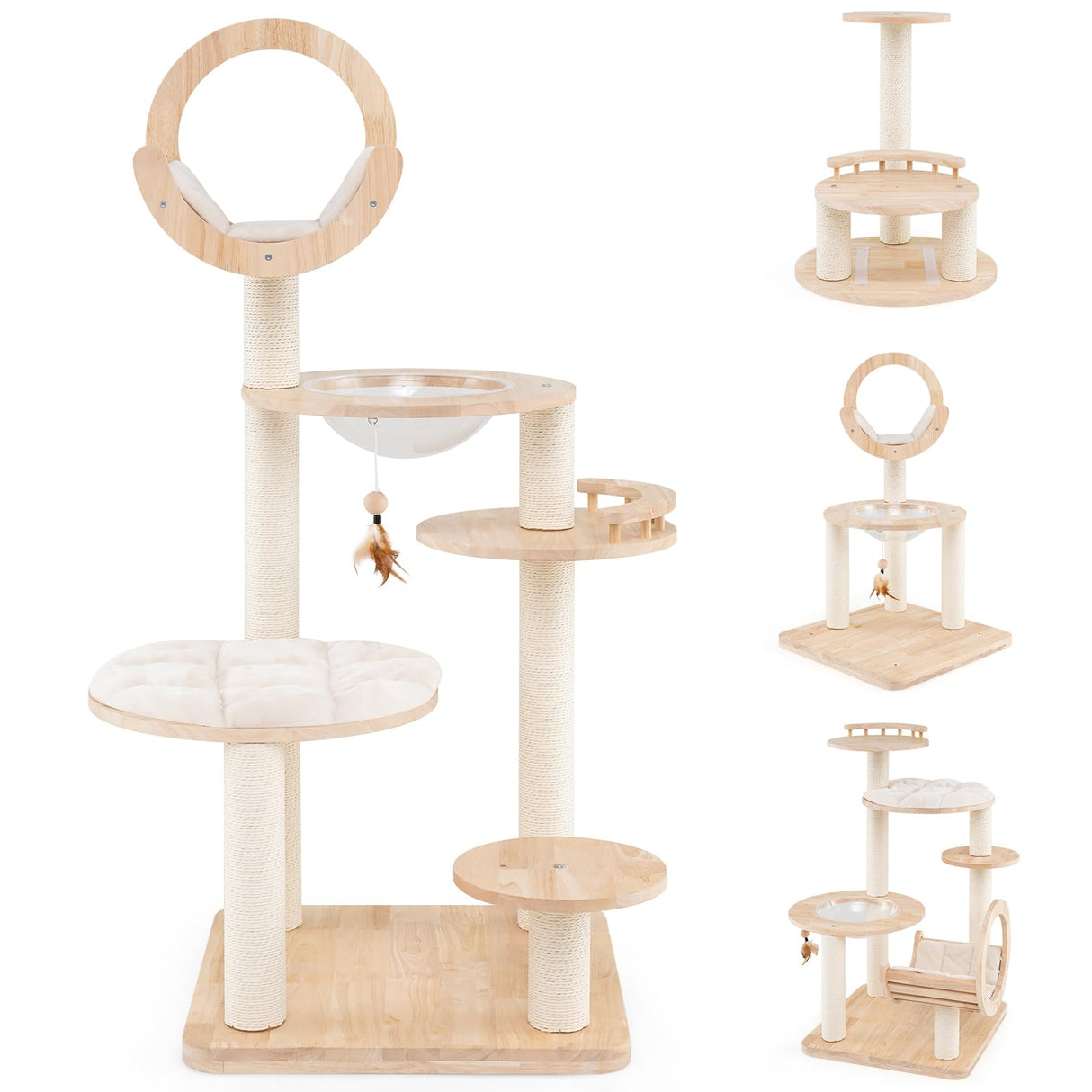 Nightcore 57” Tall Solid Wood Cat Tree for Indoor Cats, Building Block Kitten Tower w/Perch, Scratching Posts, Washable Cushions, 4 Install Options, Multi-Level Cat Activity Center Climbing Furniture WoodArtSupply