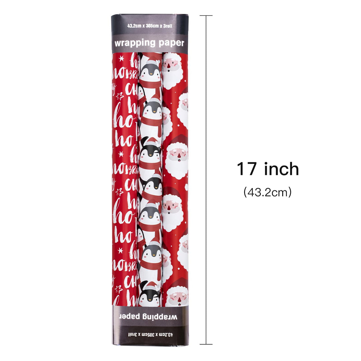 LeZakaa Christmas Wrapping Paper Roll - Mini Roll - 3 Rolls - 17 Inch X 120 Inch Per Roll - Red & White Penguins, Ho, Santa Claus, Christmas Elements Holiday Collection LeZakaa