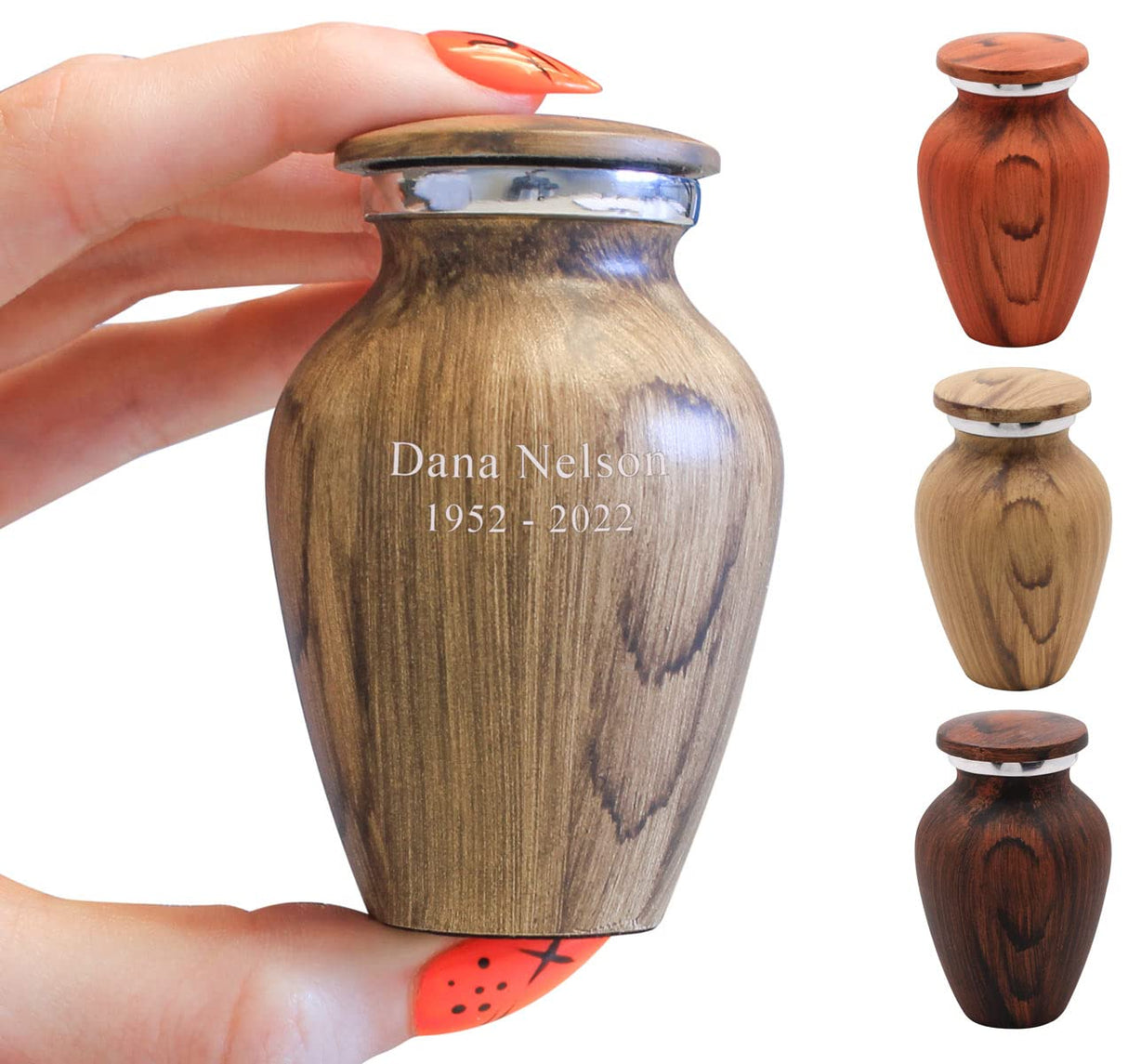 Personalized Oak Wood Finish Keepsake Cremation Urn for Ashes - Aluminum Urn with Painted Oak Wood Finish - 3 Cubic Inch Capacity [2.5 tablespoons of Mainely Urns