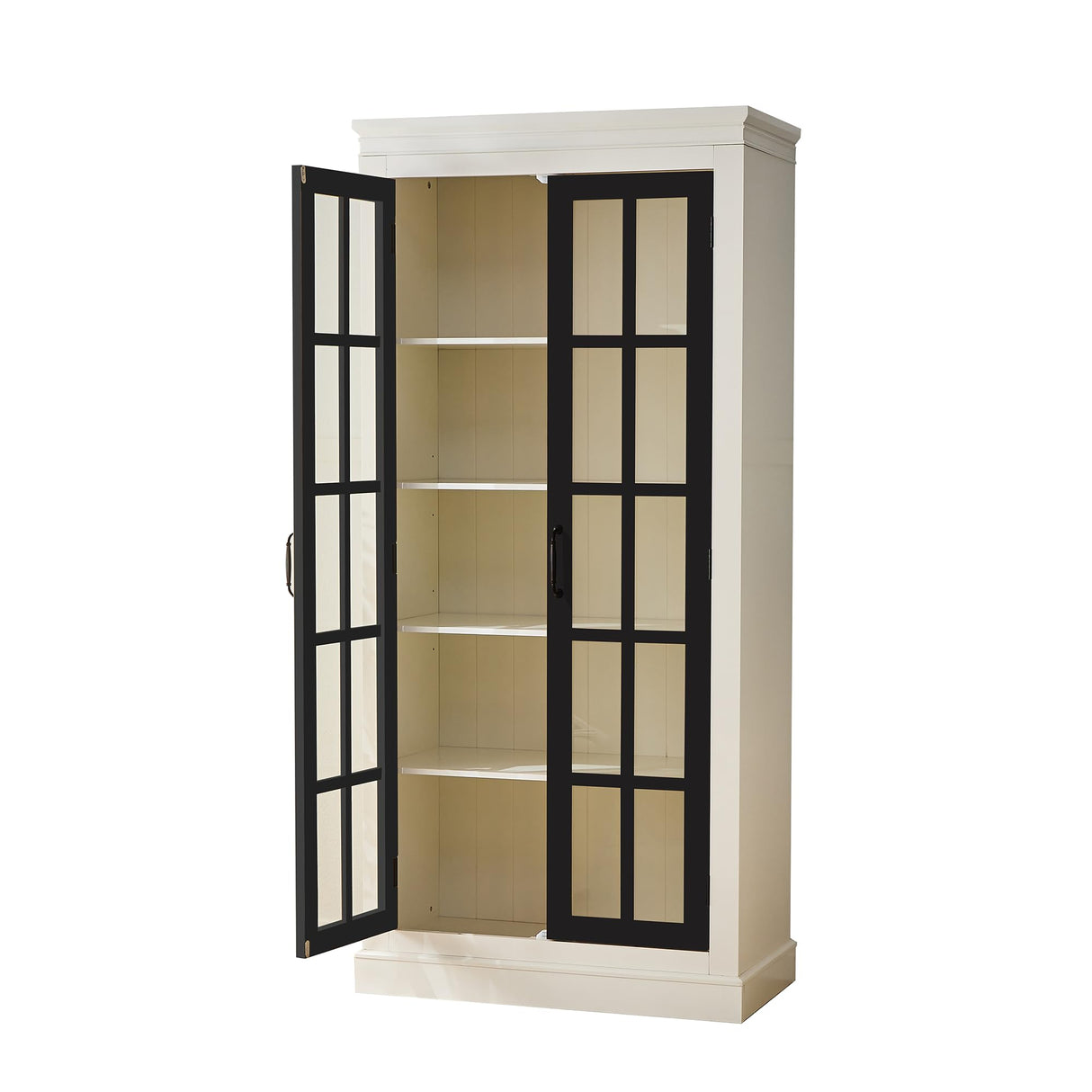 71.2" Rustic Display Cabinet, Farmhouse Pantry Stoage Cabinet with Glass Doors & Lattice Window, Tall Wooden Curio Cabinet with Adjustable Shelves for Hallway Living Room Kitchen Office, White+Balck Heliodeck