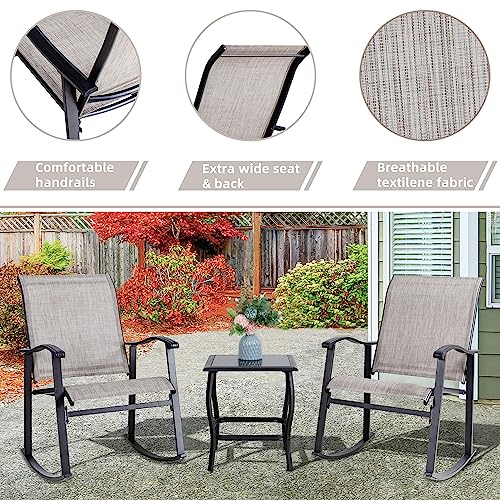 Vongrasig 3 Piece Outdoor Rocking Bistro Set, Textilene Fabric Small Patio Furniture Set, Front Porch Rocker Chairs Conversation Set with Glass Table for Lawn, Garden, Balcony, Poolside (Taupe) Vongrasig