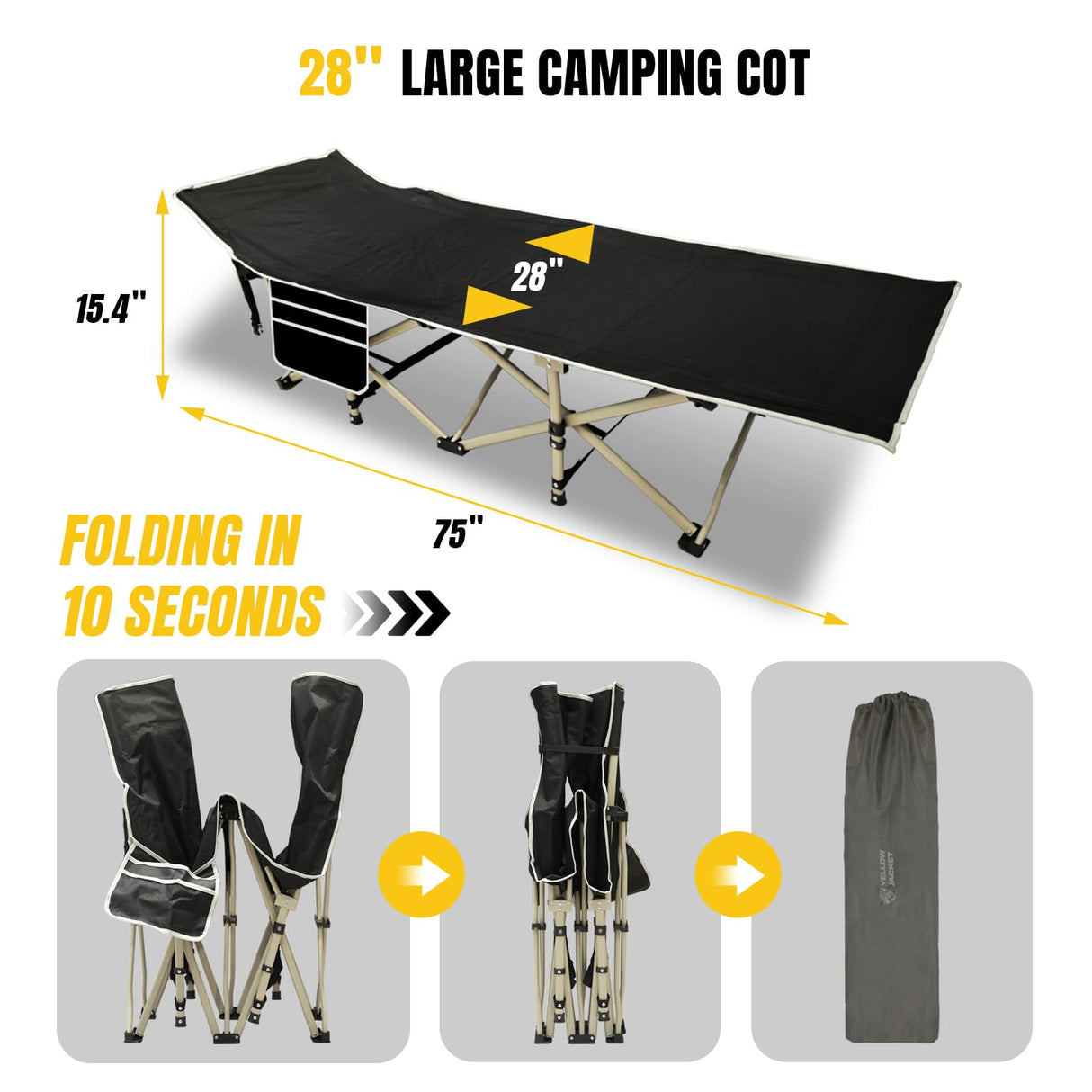 YELLOW JACKET Folding Camping Cot for Adults,600LBS Max Load,28" Wide Sleeping Cot with Removable Thick Mattress Portable Foldable Camping Bed with Carry Bag for Camp,Home,Office,Travel,Black YELLOW JACKET
