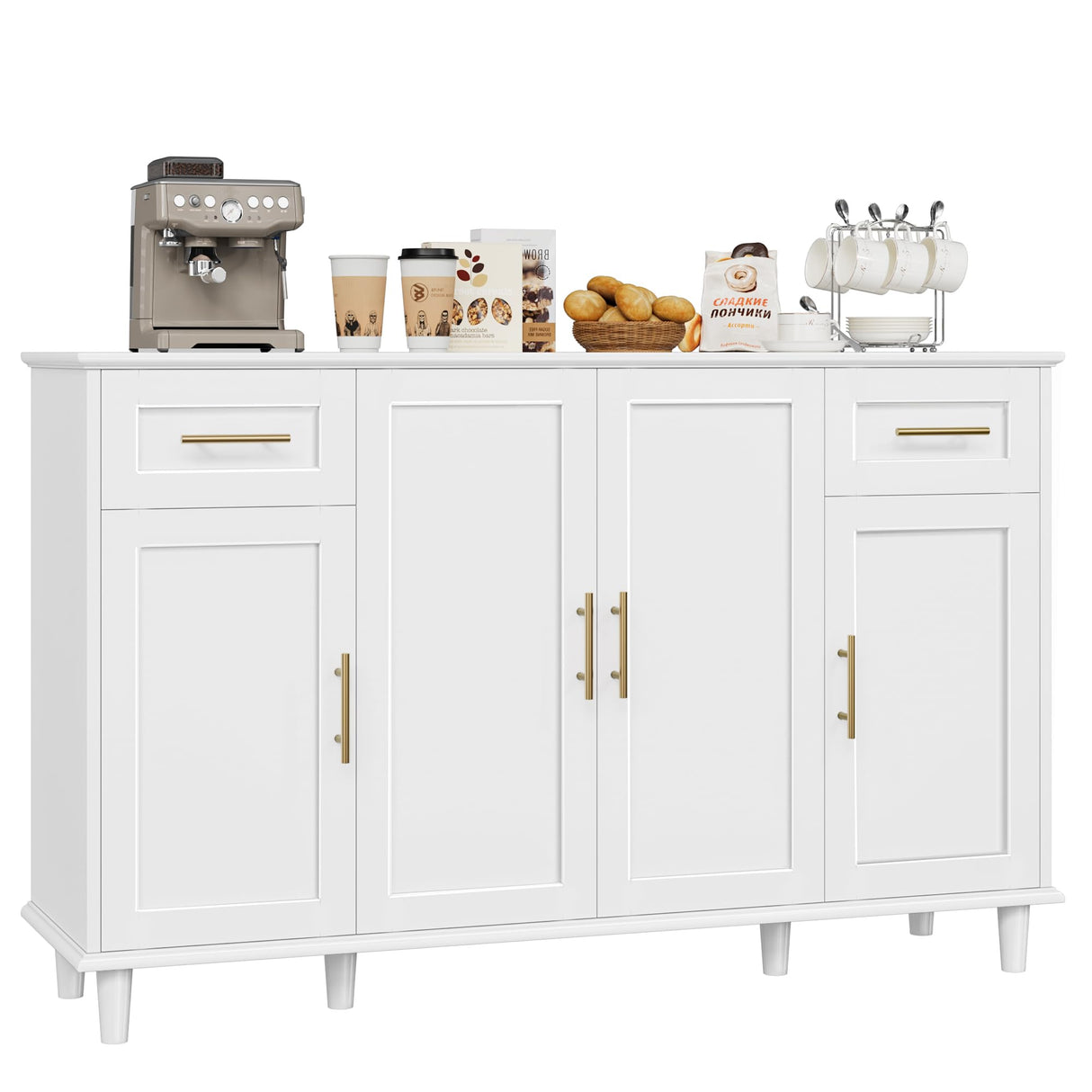 HOSTACK Modern Sideboard Buffet Cabinet with Storage, 55" Large Kitchen Buffet Storage Cabinet with Drawers and Shelves, Wood Coffee Bar Cabinet with Gold Handles for Dining Room, Living Room, White HOSTACK