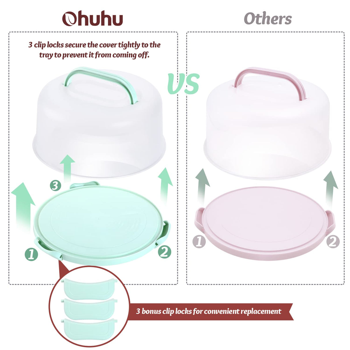 Ohuhu Cake Carrier with Lid and Handle, BPA-Free Cake Containers Cake Holder for 10 inch Cake with 2 Handles Cupcake Carrier - Plastic Cover Two Sided Base for Transport Pies Nuts Fruit Perfect Gifts Ohuhu