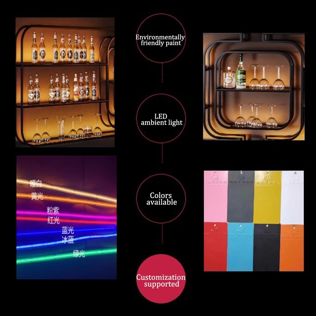 Large Wine Storage Rack Wall Mounted With LED Light With Wine Glass Holder, Heavy Duty Iron Bar Liquor Shelf,Floating Wall Wine Shelves,Bar Liquor Bottle Display Shelf For Kitchen Bar Decoration(350*1 IRHIGBGX