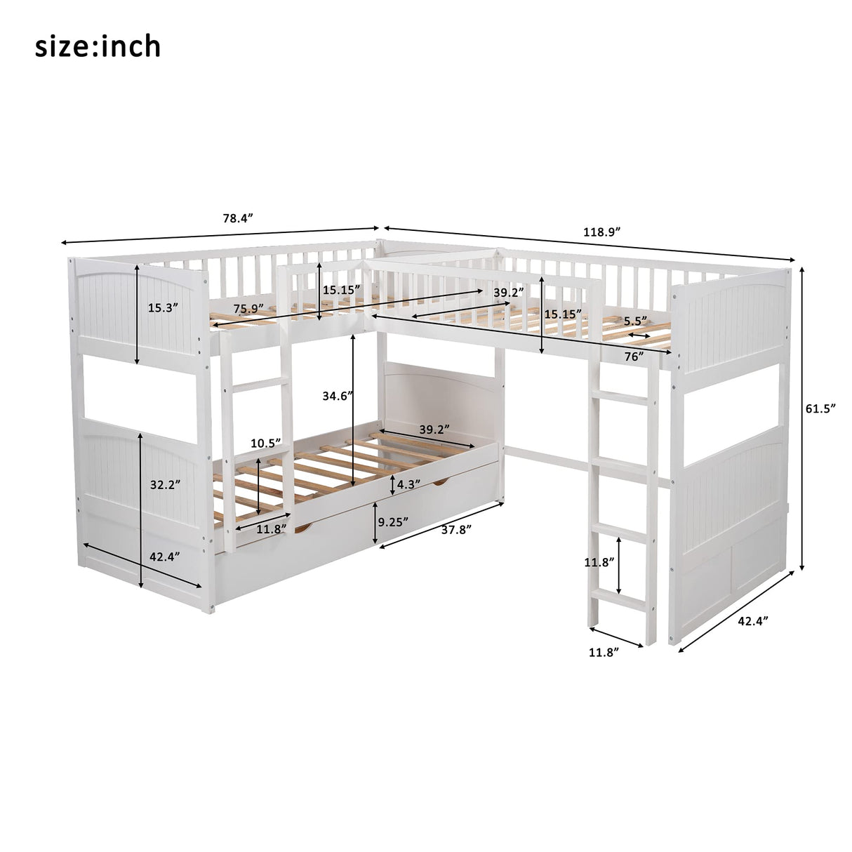 Flieks Triple Bed Twin-Over-Twin-Over-Twin Bed L Shaped Bunk Bed with 2 Drawers and 2 Ladders, No Box Spring Needed Flieks