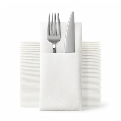 JEBBLAS Disposable Cloth Like Napkins, Built-in Flatware Pocket, Wedding Party Linen Feel White Napkin, Prefolded for Silverware,50 Count