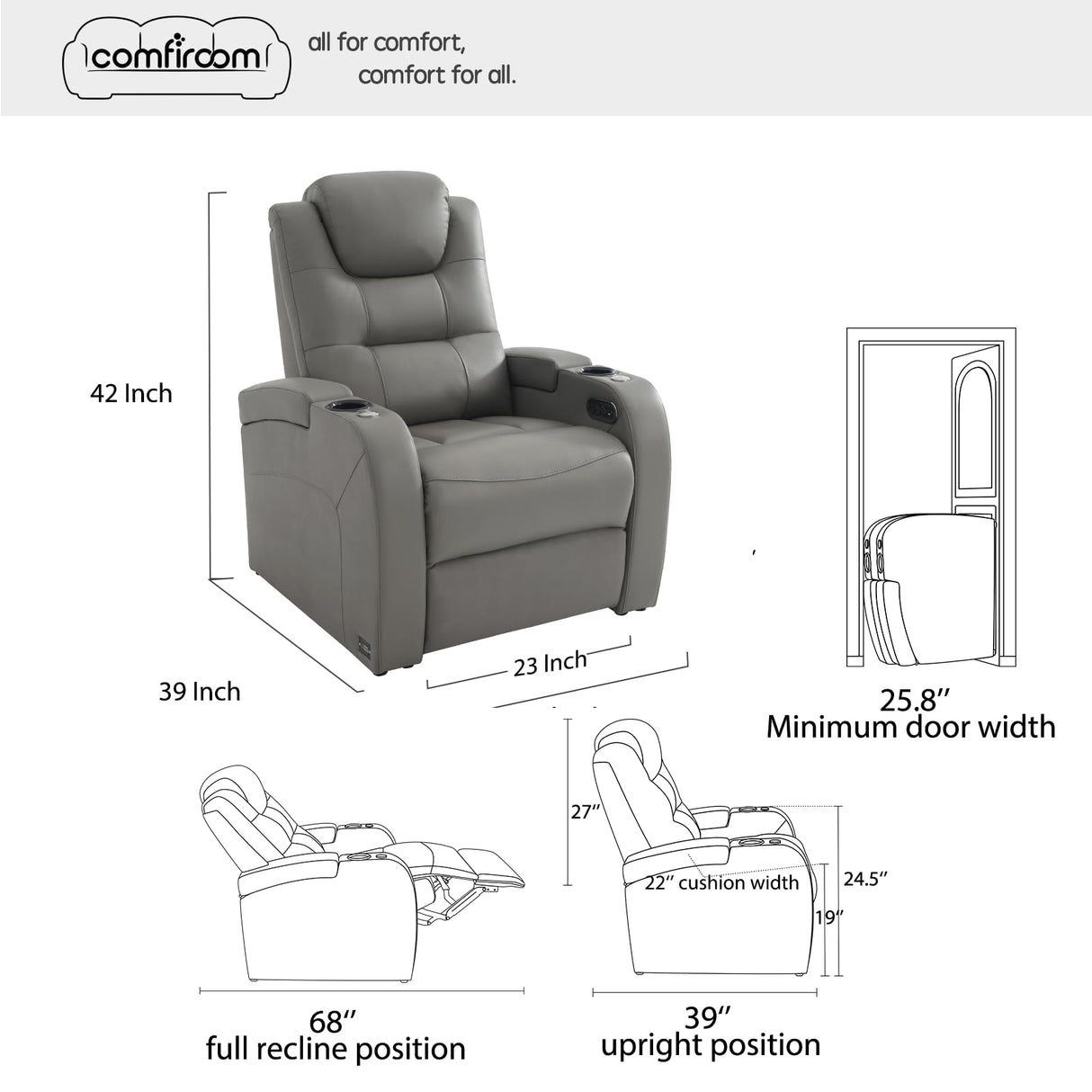 comfiroom Top Grain Leather Home Theater Seating Seats, Simple Style Dual Power Gaming Sofa Movie Theater Chairs Recliner Sofa with Type-C USB Charger (Grey, Row of 1) comfiroom