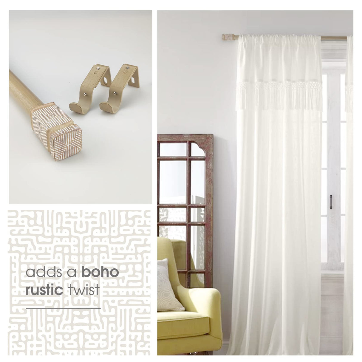 SKYPLUS LIVING Rustic Boho Style Single Curtain Rod Set with Carved Square Finial, 36-72 inch, Standard Single Beige Drapery Rod for 1 Pack, 1 inch diameter, Adjustable Length SKYPLUS LIVING