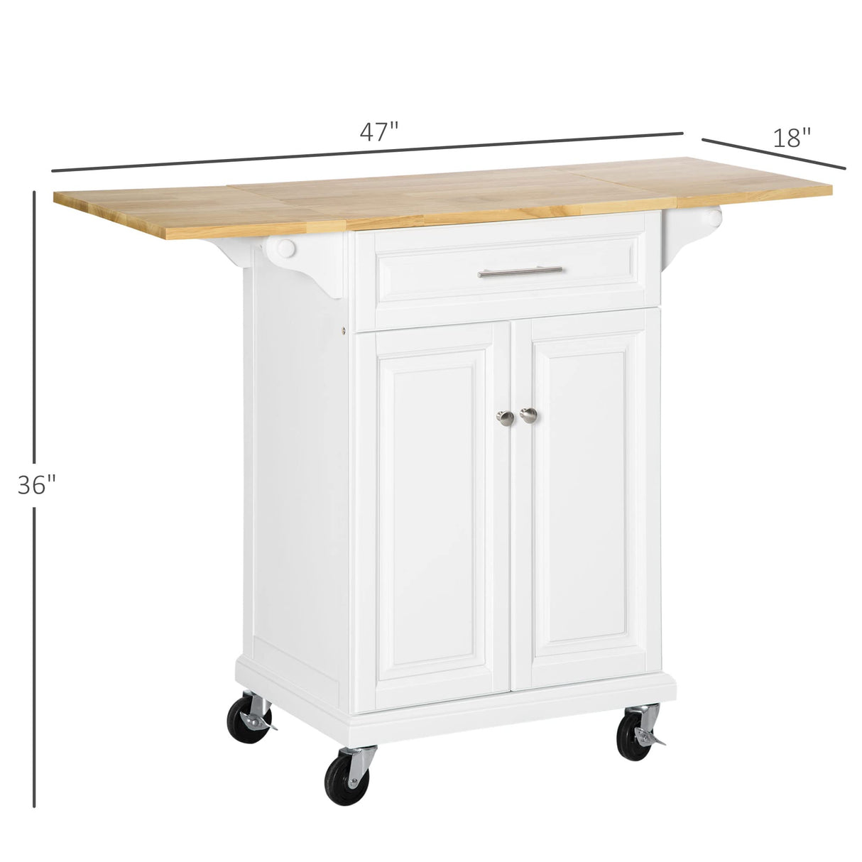 HOMCOM Kitchen Island with Drop Leaf Trolley Cart on Wheels Drawer Cabinet Towel Racks Versatile Use Natural Wood Top and White HOMCOM