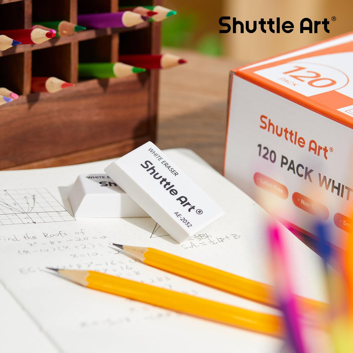 Shuttle Art White Erasers, 120 Pack Erasers Bulk, Smudge Resistant Eraser for Pencils, School Supplies for Kids, Students, Teachers, Office Shuttle Art