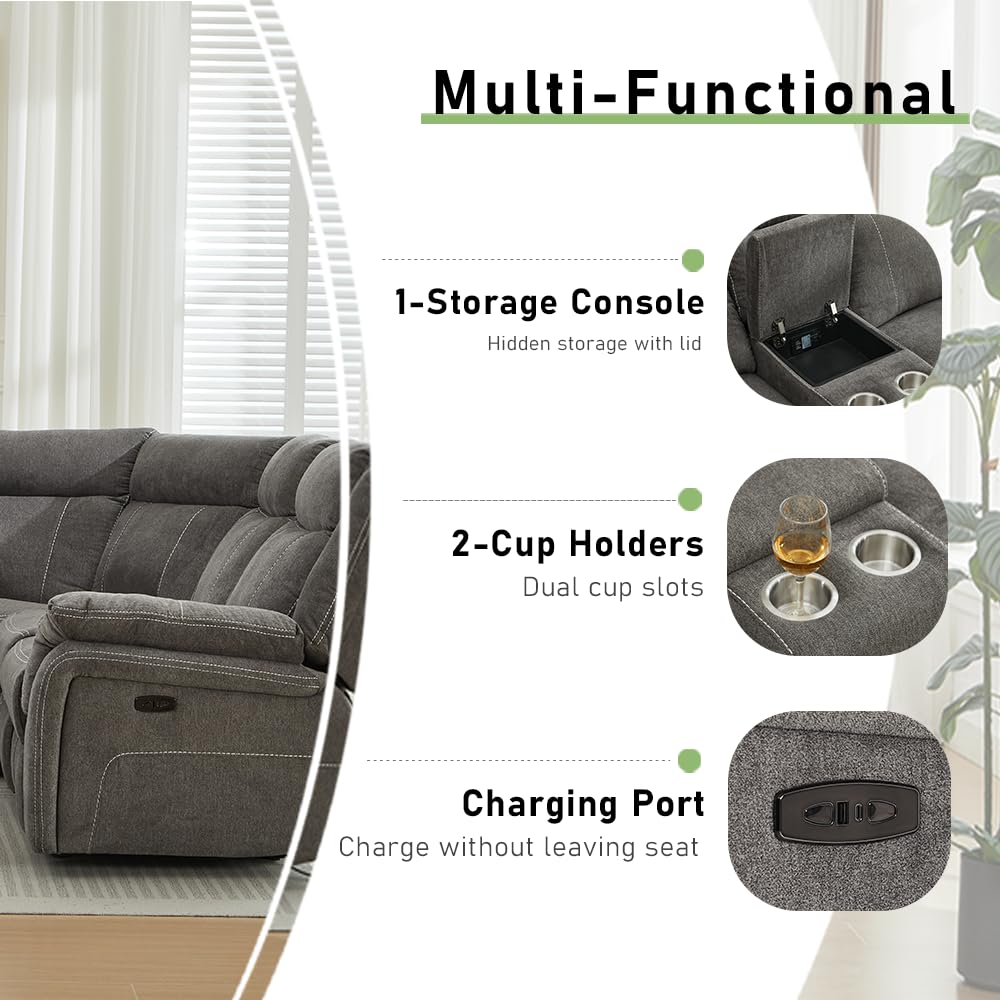 Secsofier Power Premium Fabric Reclining Sectional Sofa Set, Zero Gravity Recliner Couch with USB Port 1 Console Storage 2 Cup Holders (Power, 1 Console) Secsofier