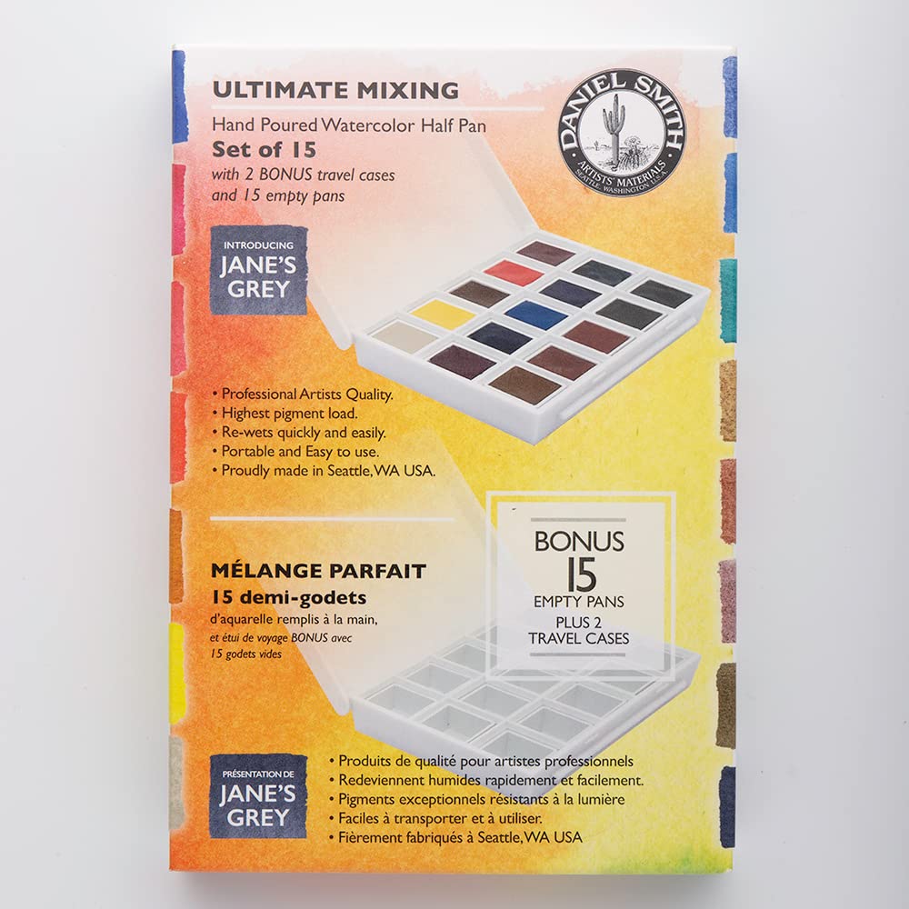 DANIEL SMITH Hand Poured Watercolor, Half Pans, Ultimate Mixing Set with 15 Watercolor Half Pans, 15 Empty Half Pans, 2 Plastic Travel Cases (total 32 pieces) 285650009 DANIEL SMITH