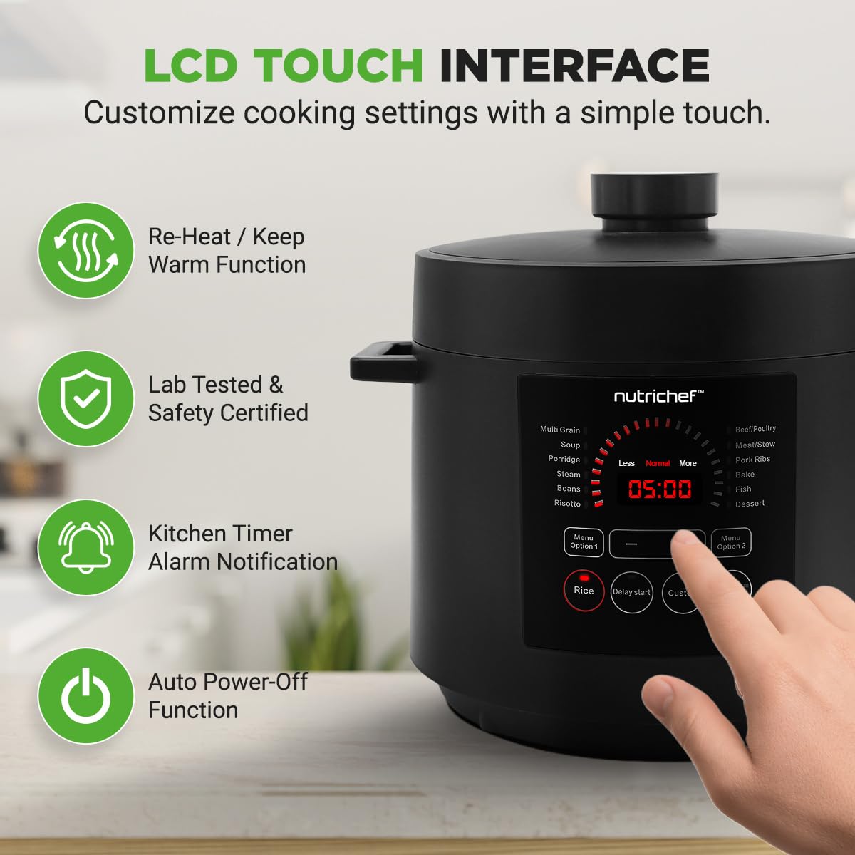 NutriChef Electric Pressure Cooker 6 Quart Capacity | 9 Function Digital Countertop Pressure Cooker | Adjustable Time & Temperature | Cook, Bake, Steam, & Braise | 13.1 x 11.4 IN | Black NutriChef