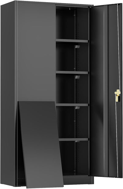 SUNCROWN Metal Storage Cabinets with Lock, Tool Cabinet, 72" Locking Steel Storage, Tall Locker Organizer Garage Cabinets with 2 Doors and 4 Shelves for Home,Office,Warehouse,Garage,School(Black)