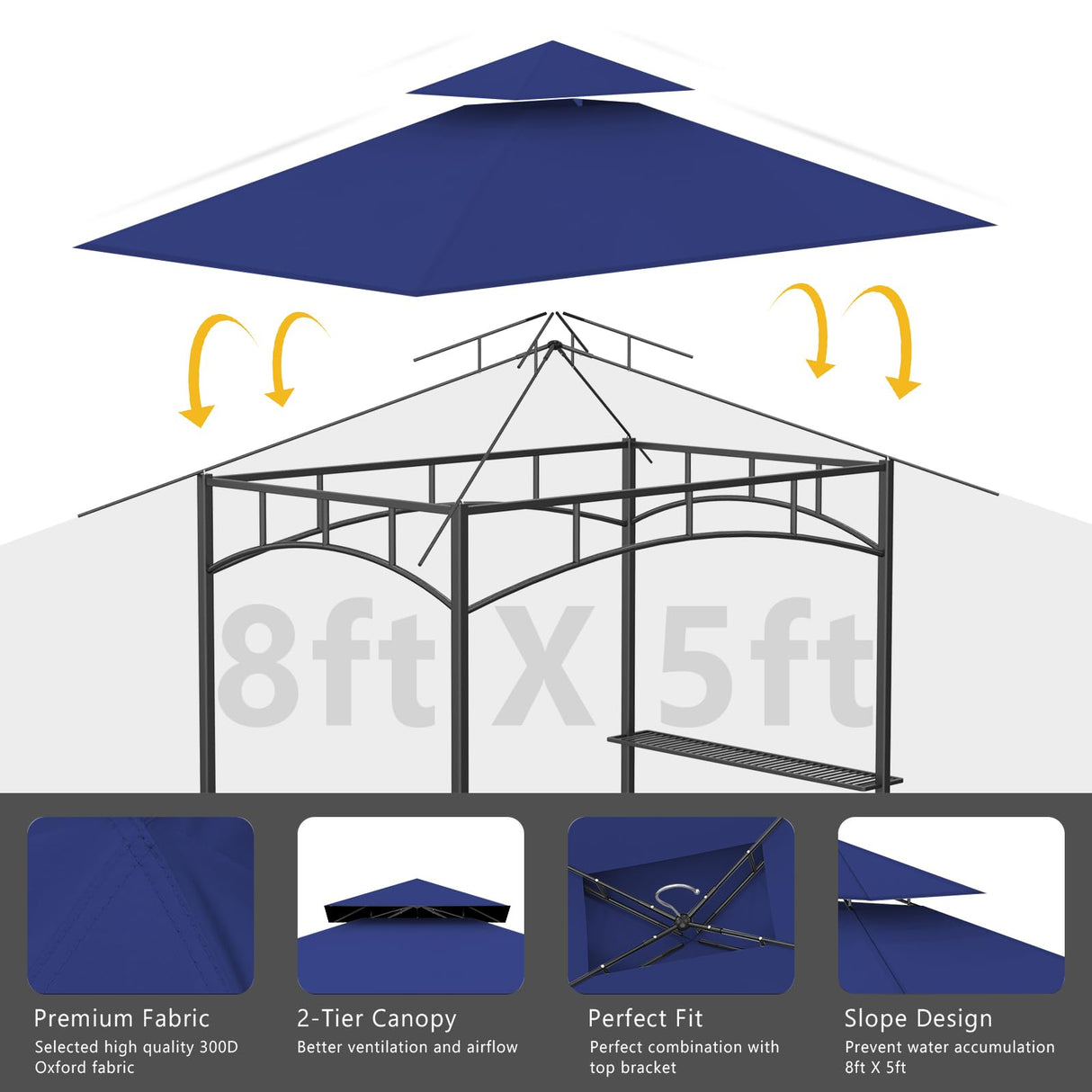 Grill Gazebo Replacement Canopy Top Only - 5' x 8' Outdoor BBQ Gazebo Canopy Roof, Waterproof Double Tiered Shelter Cover Fit for Model L-GG001PST-F Iheqard