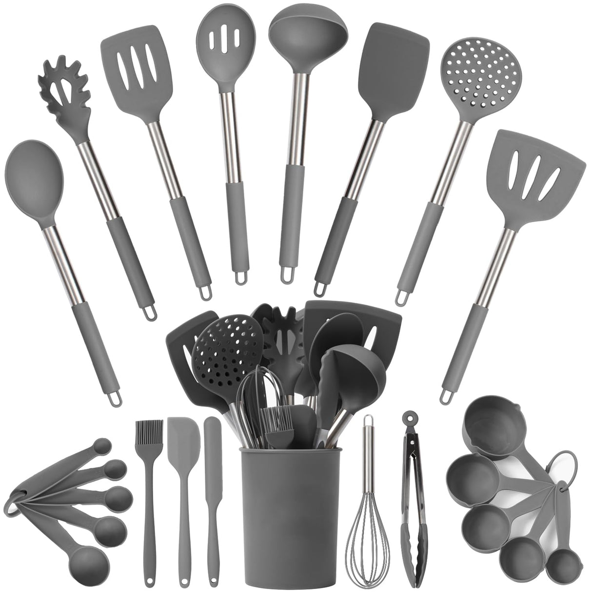 Silicone Kitchen Utensils Set - Culinary Couture 24-Pieces Grey Silicone Cooking Utensils Set for Nonstick Cookware - Silicone Spatulas Set, Stainless Steel Handle & Other Kitchen accessories Culinary Couture