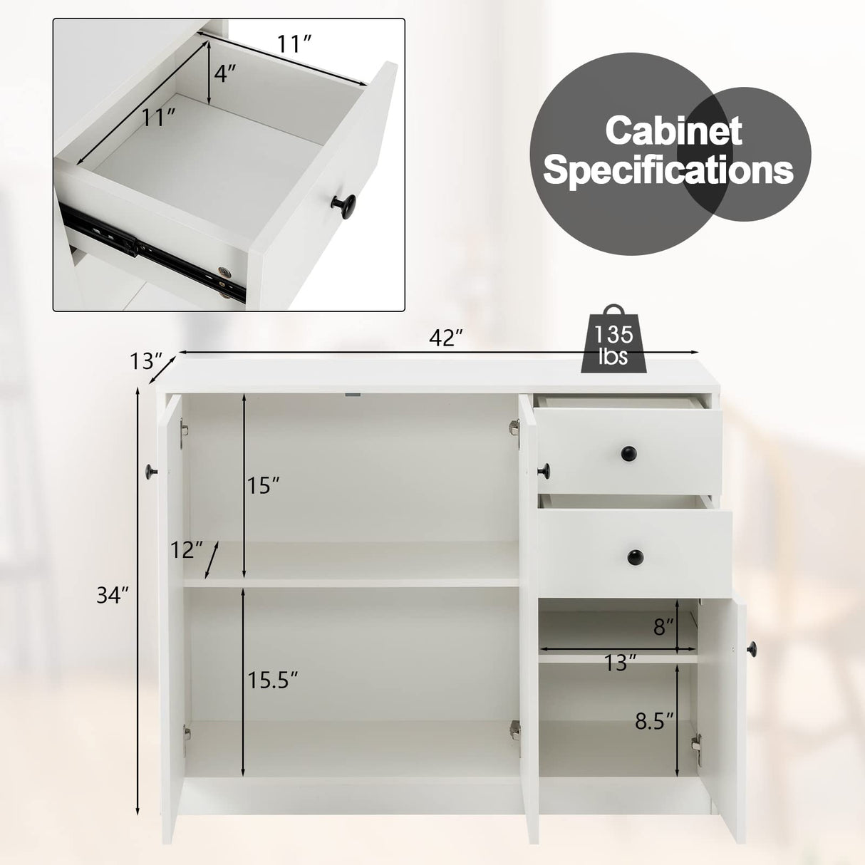 Giantex Buffet Cabinet with Storage - Kitchen Sideboard with 2 Drawers, 3-Door Large & Small Cabinet, Adjustable Shelves, White Pantry Cupboard for Dining Room, Console Table for Entryway Giantex
