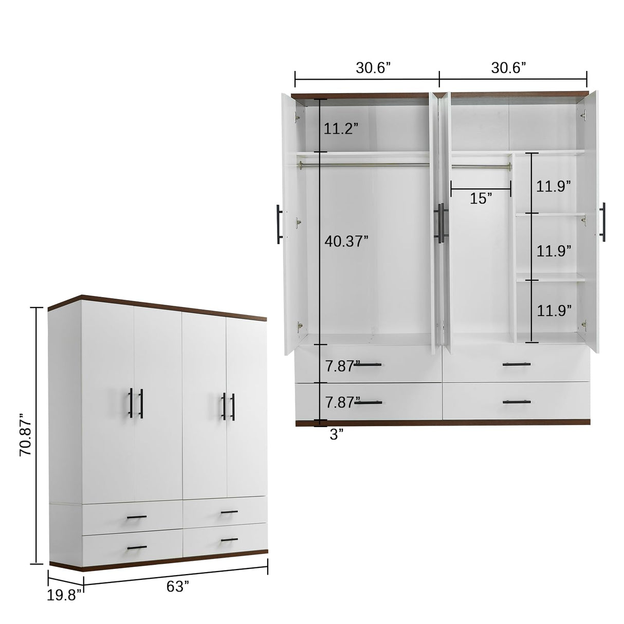 ClassyCabin 70.8" Tall White Wooden Armoire Wardrobe Closet with 2 Hanging Rods 4 Doors 4 Drawers Shelves for Bedroom Wardrobe Modern Freestanding Clothes Storage Cabinet 63" W x 18.9" D x 70.8" H ClassyCabin