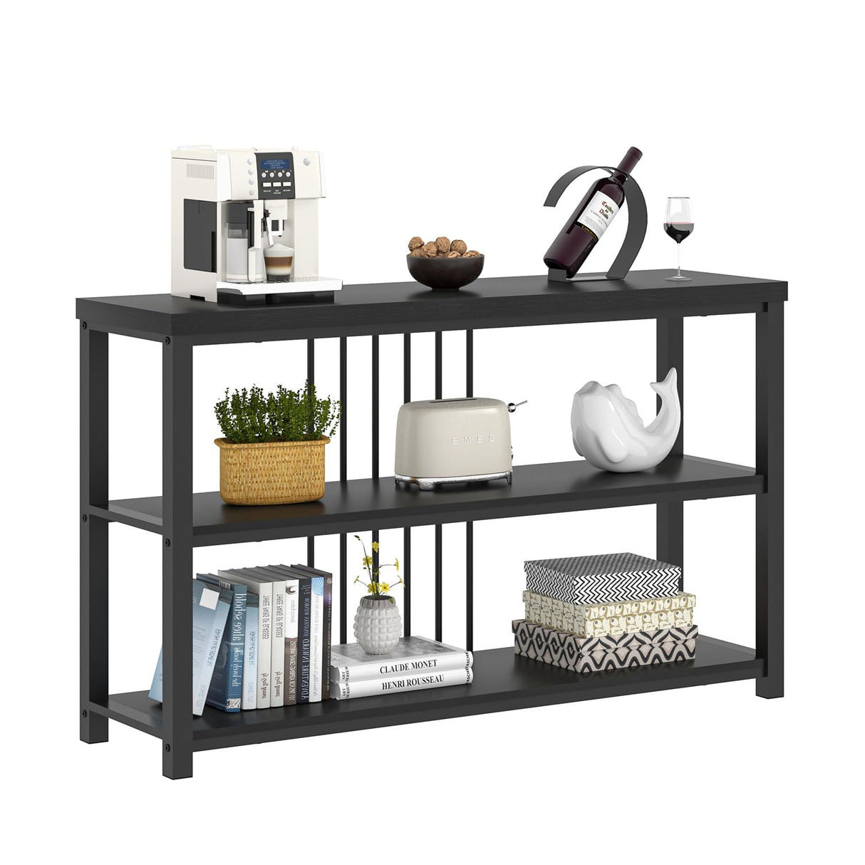 FOLUBAN Entryway Table, Modern Sofa Console Table with 3 Tier Storage Shelf, Hallway Foyer Table for Living Room, Industrial Black Oak FOLUBAN