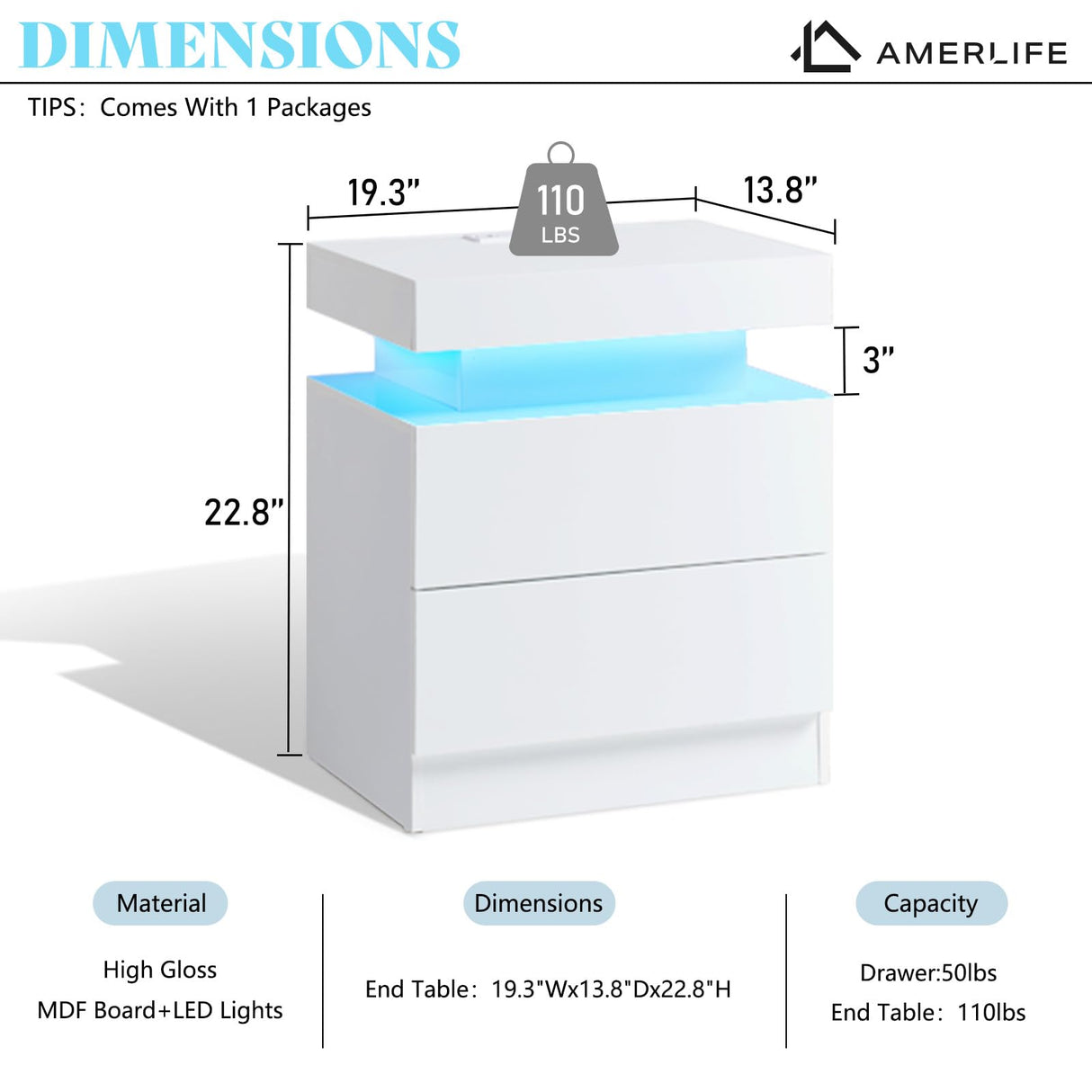 AMERLIFE High Gloss LED Nightstand Set of 2 with Charging Station, Modern Bedside Table Night Stand with LED Lights, Sofa End Side Tables with Drawers for Bedroom Living Room, White AMERLIFE