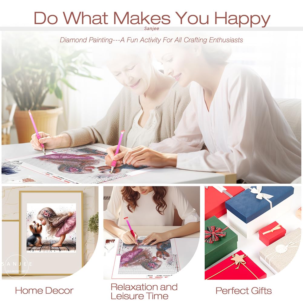 Sanjee Diamond Art Kits for Adults, Diamond Painting Kits Girl Kissing Dog for Adults, 5D DIY Round Full Drill Gem Art Crafts for Home Wall Decor Gift, 12x12inch Sanjee