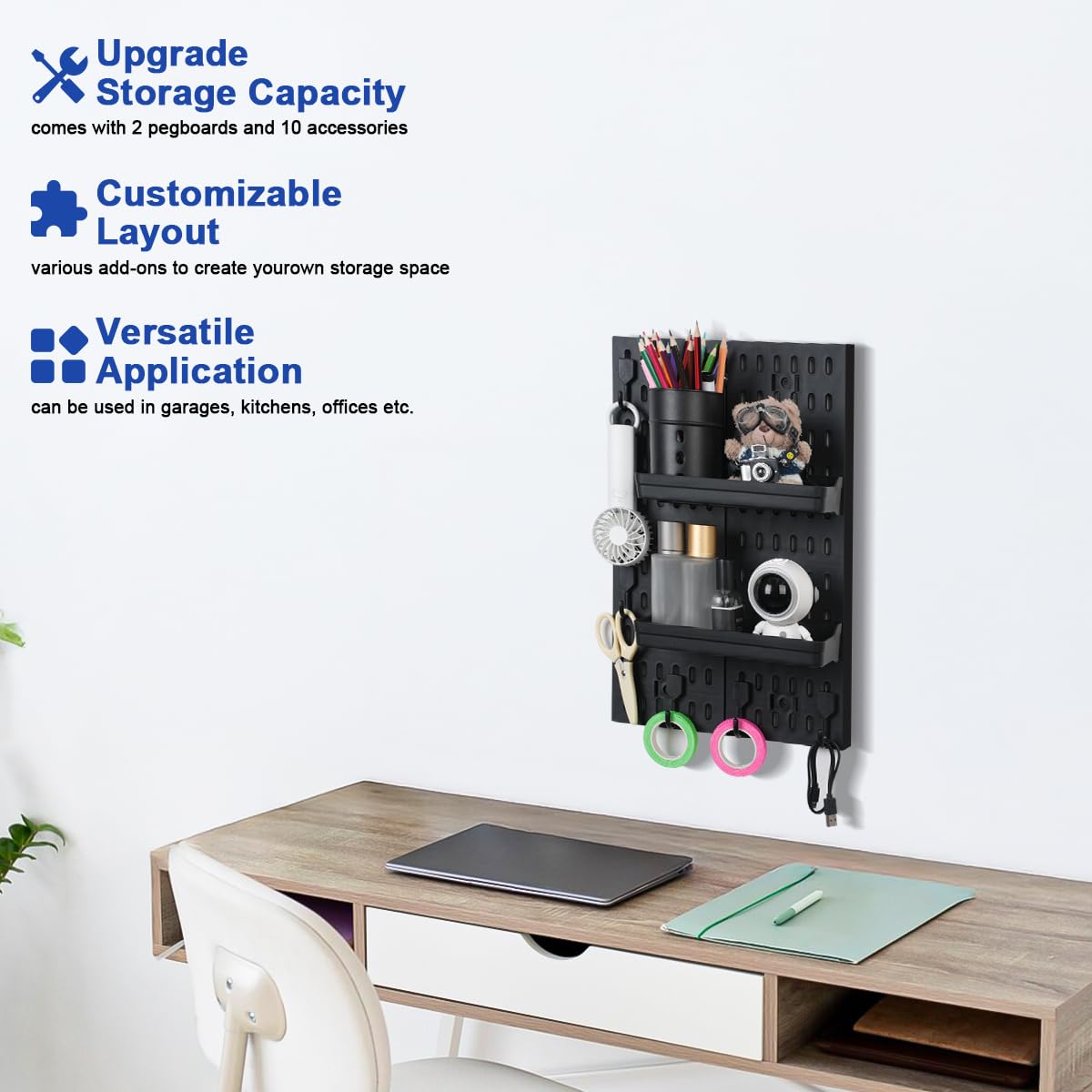Pegboard Wall Organizer - Modular System for Gaming Setup, Office & Kitchen Storage Solutions Create A Perfectly Structured Space(Black,16″×12″) Colville