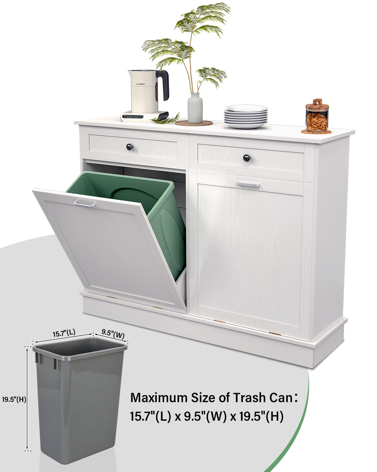 TC-HOMENY Double Tilt Out Trash Cabinet with Drawer, 20 Gallon Trash Cabinet Manual and Auto Mode Shutdown, Recycling Free Standing Trash Cabinet Fit for Kitchen, Living Room TC-HOMENY