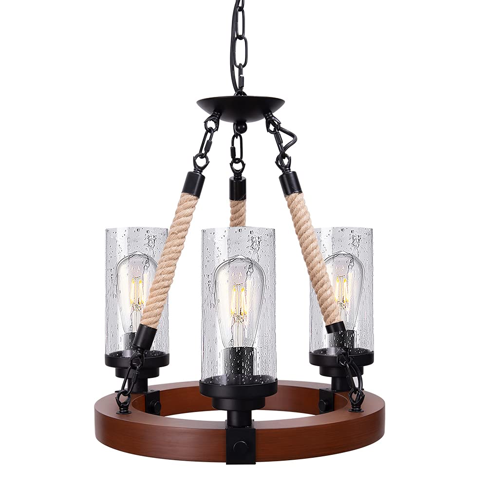 Wellmet Farmhouse Chandelier, Wood Wagon Wheel Chandelier with Seeded Glass Shade, Hanging Rustic Round 3 Lights Ceiling Pendant Lighting Fixture for Dining Room, Living Room,Foyer, Kitchen Island Wellmet