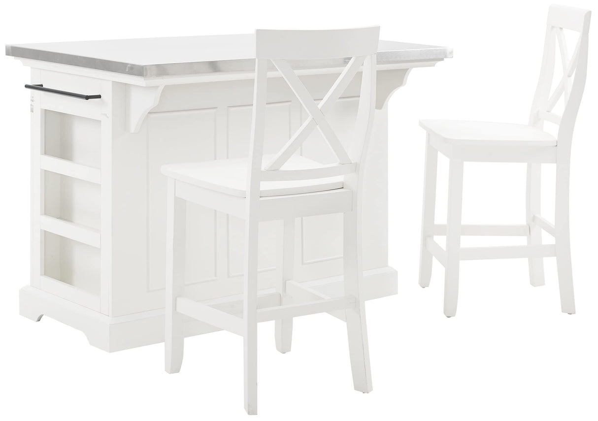 Crosley Furniture Julia Stainless Steel Top Island with Storage, Coffee Bar, and a Set of 2 X-Back Stools, White Crosley Furniture