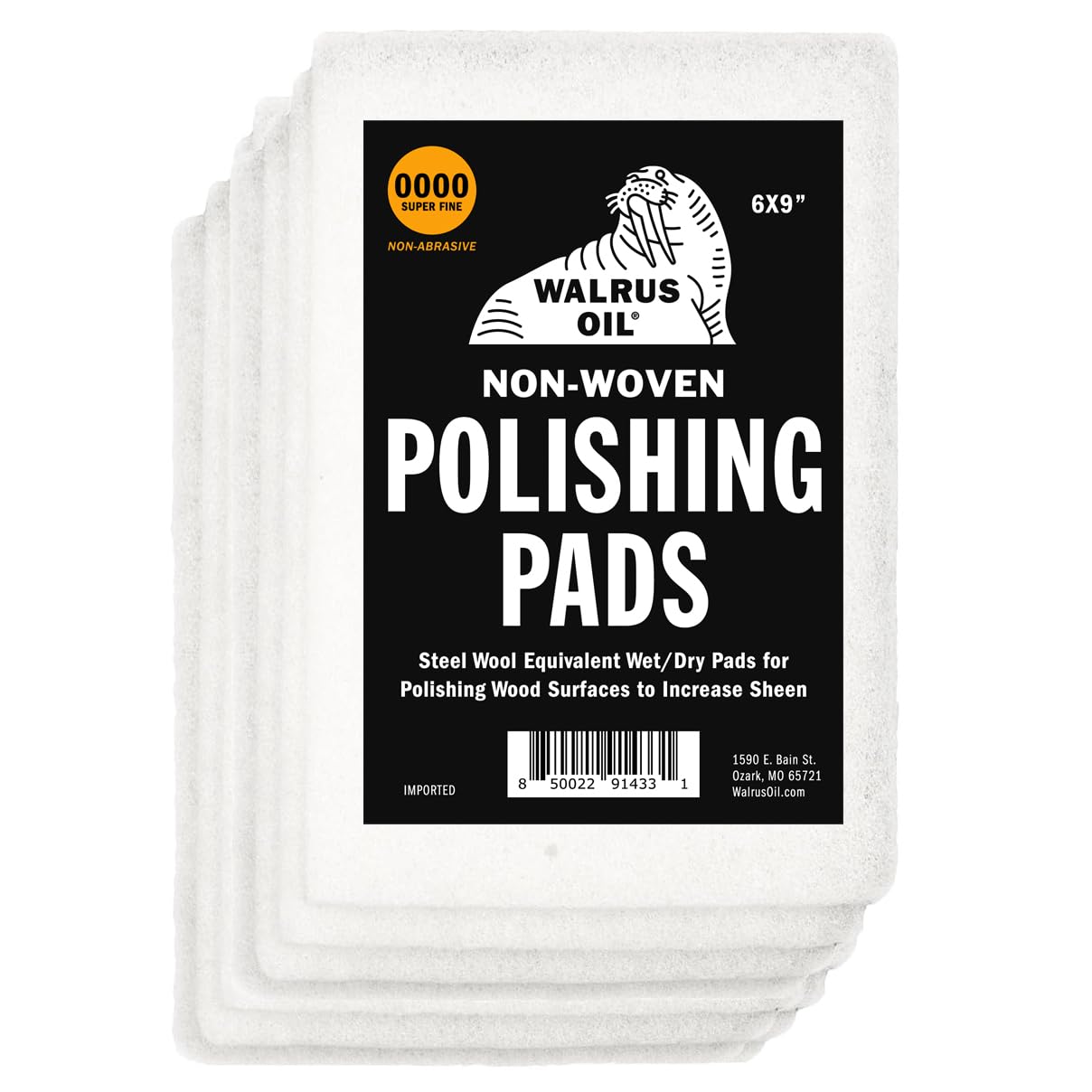 WALRUS OIL - Non-Woven Sanding/Polishing Pads for Woodworking and Metal Buffing, Size 6"x9" - Pack of 10 (0000 Non-Abrasive) Walrus Oil