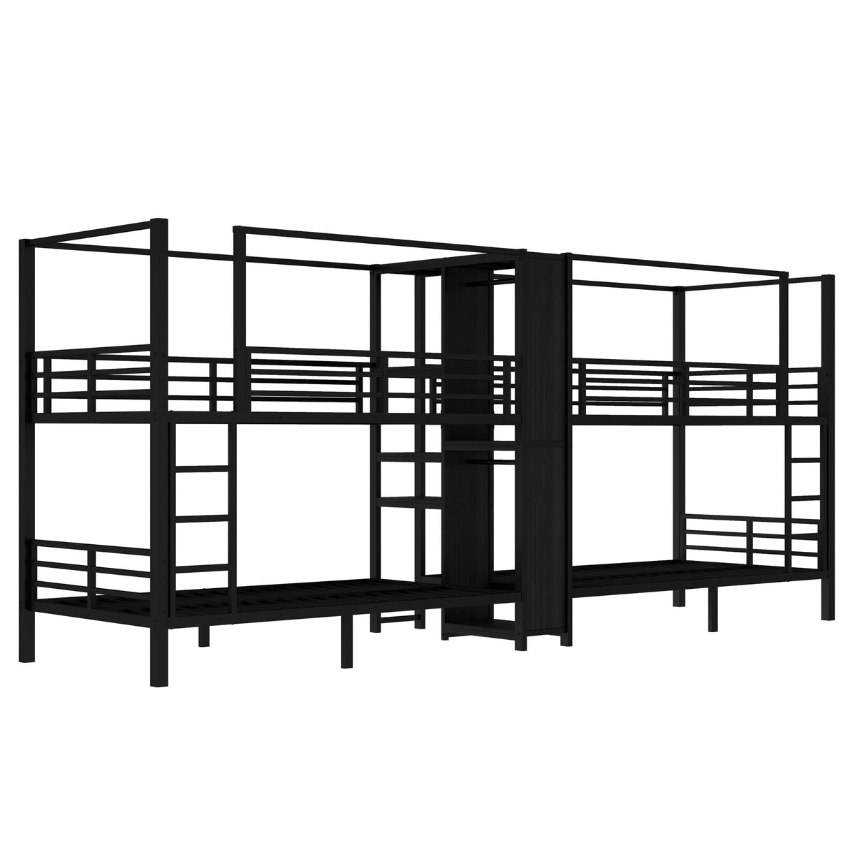 TCMILA Twin Over Twin Quadruple Bunk Bed for 4 Boys, Girls, Adults, Heavy-Duty Metal Bed Frame with Storage Shelves and Wardrobe, Space Saving, No Box Spring Needed, Black TCMILA