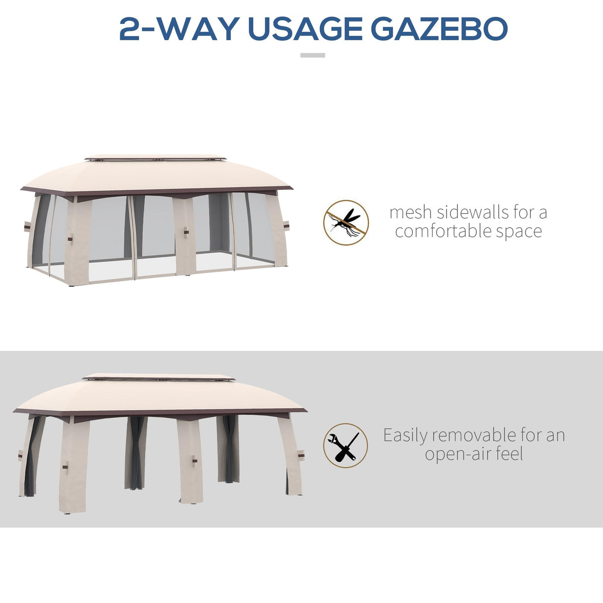 Outsunny 10' x 20' Patio Gazebo, Outdoor Gazebo Canopy Shelter with Netting, Vented Roof, Steel Frame for Garden, Lawn, Backyard, and Deck, Beige Outsunny