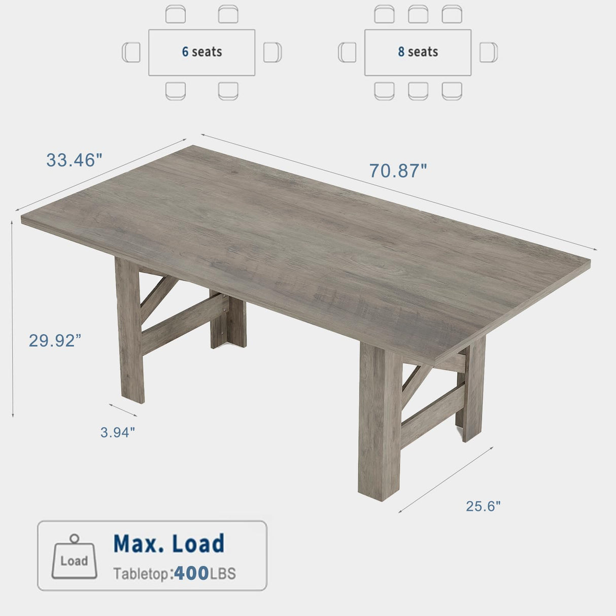 Garvee Wood Farmhouse Dining Table for 6-8, Heavy Duty Large Kitchen Table, 70.87" Long Rectangular Dining Room Tables with Strong Legs, Thickness Tabletop, for Big Family, Dinette, Rustic Gray Garvee