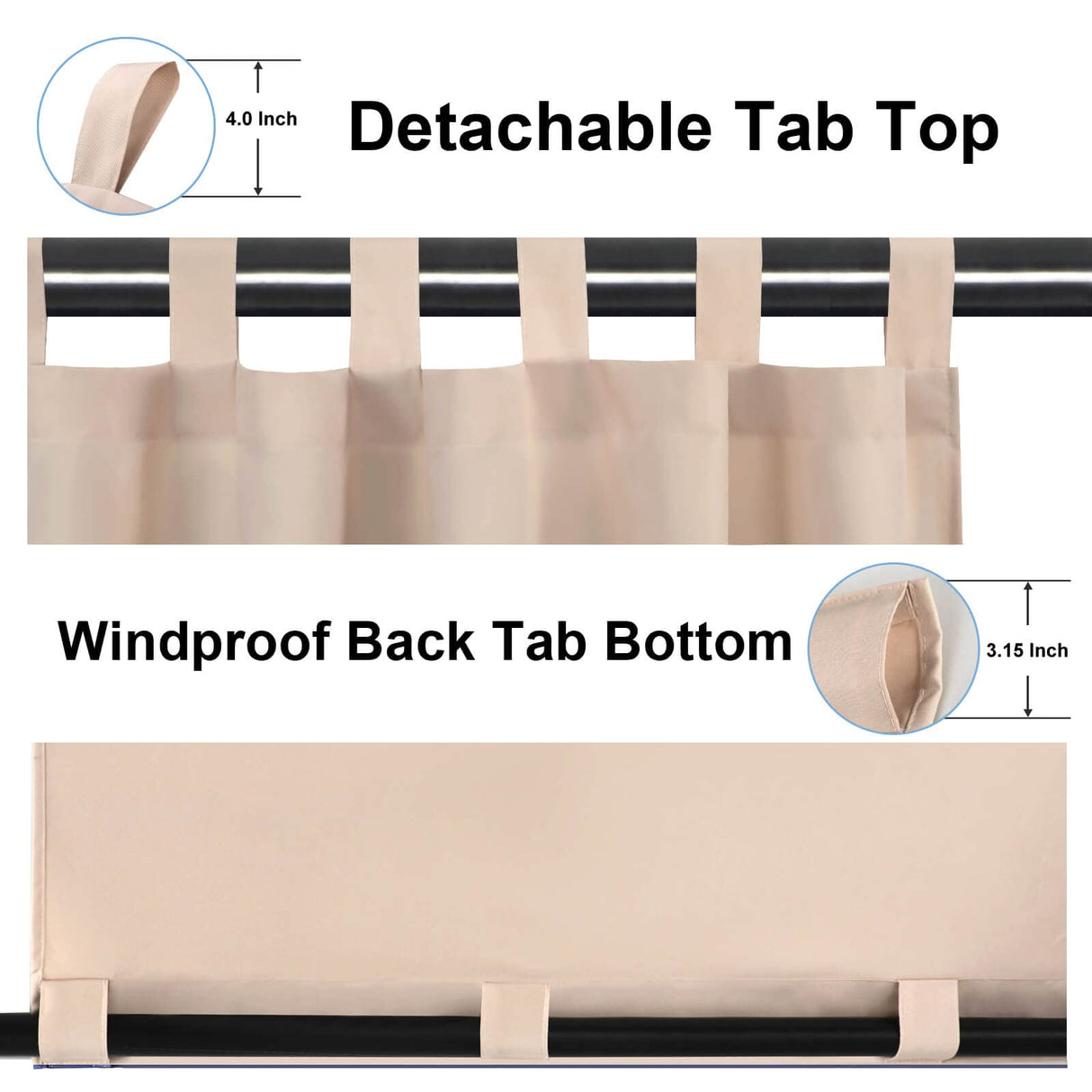 OutdoorLines Waterproof Outdoor Curtains for Patio - Windproof Tab Top Gazebo Curtain Panels - Privacy Sun Blocking Outside Curtain Set for Porch, Pergola and Cabana 54 x 84 inch, Beige, 2 Panels OutdoorLines