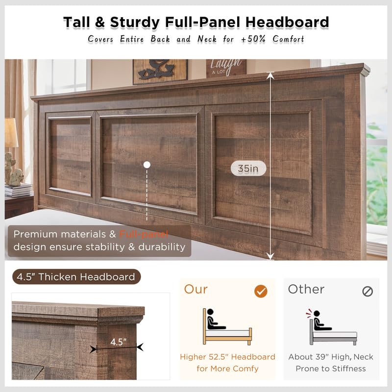 ACCOHOHO Rustic King Size Bed Frame with 52" Tall Headboard and Hidden Storage Drawers, Light Brown ACCOHOHO