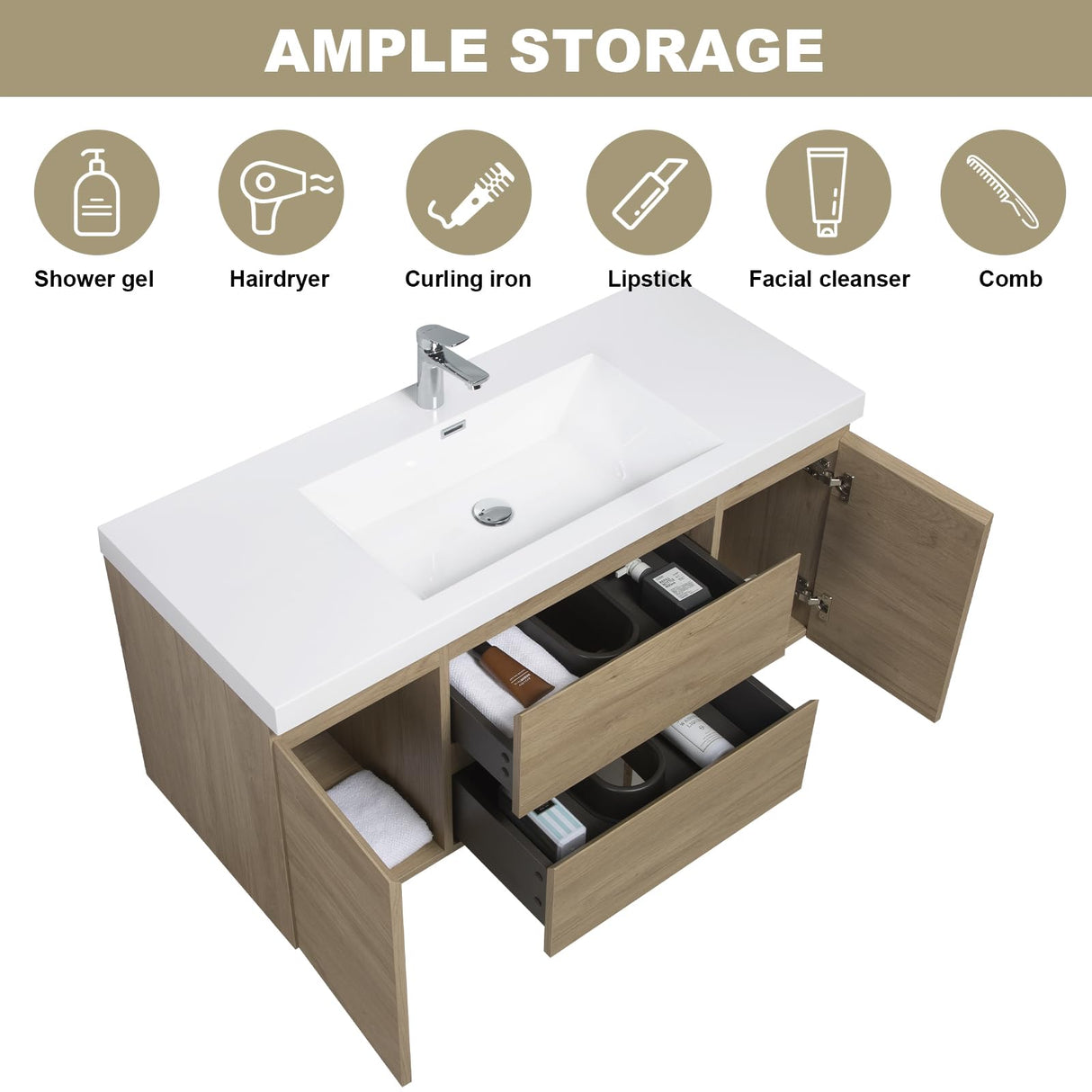 Floating Vanity Bathroom, 48 Inch Bathroom Vanity with Sink, Wall Mounted Single Sink Bathroom Vanity, Soft Closed 2 Drawers, Integrated Sink (Natural Oak) VUMALL