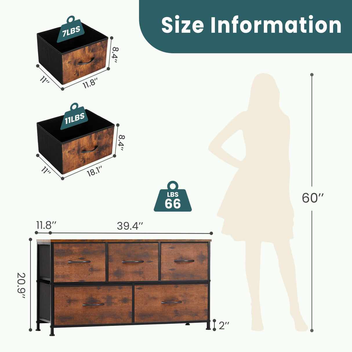 NEWBULIG Dresser for Bedroom, Brown Dresser and TV Stand with 5 Storage Drawers, Dressers & Chests of Drawers with Fabric Bins, Sturdy Metal Frame, Wood Tabletop for Closet, Clothes Organizer NEWBULIG