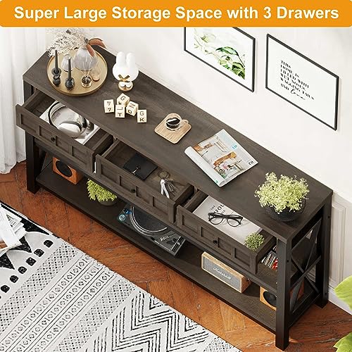 FATORRI Console Table with Storage for Entryway, Rustic Sofa Table with 3 Drawers for Living Room, Farmhouse Hallway Tables and Couch Tables Behind Sofa (54.72 Inch Long, Walnut Brown) FATORRI