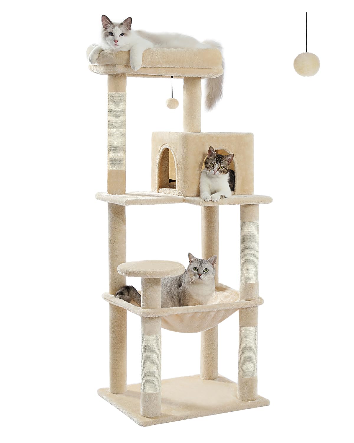MUTTROS Cat Tree for Large Cats Adult with Metal Plush Big Hammock, 56.3" Cat Tower with 2 Door Condo House, 6-Tier Cat Shelves with Scratching Posts and Large Top Perch, Beige MUTTROS