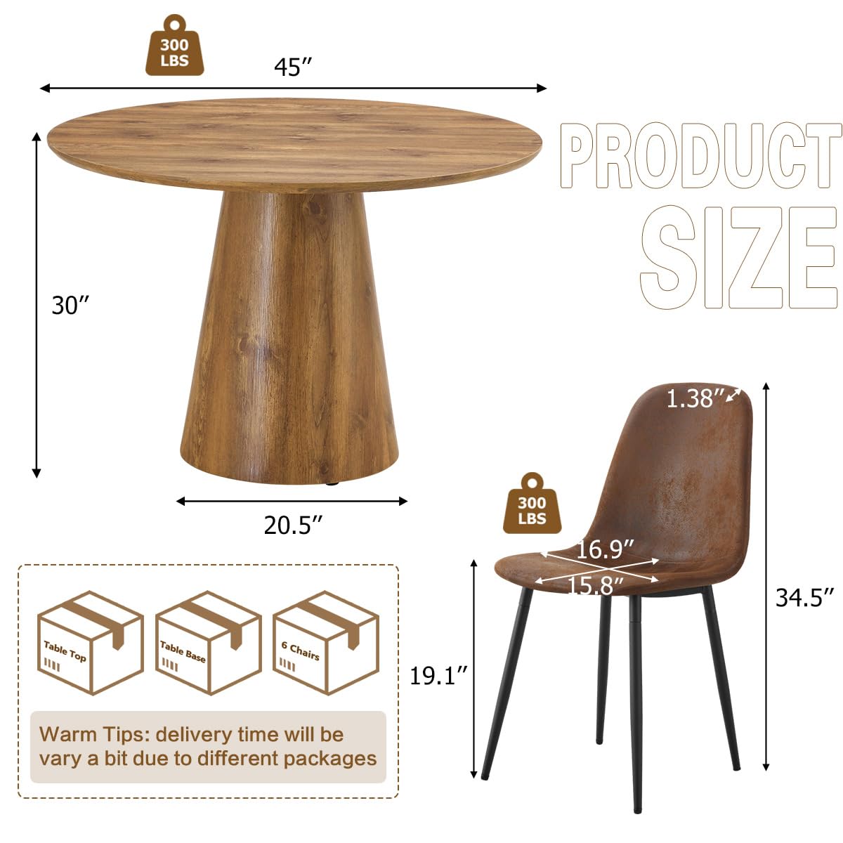 BAOPIN Round Dining Table Set for 6, 45''Round Wooden Dining Set with Cushioned Chairs, Round Table and Chair Set for Kitchen and Living Room (Wood Table+Style 1 Brown Chairs, 45'' Table+6 Chairs) BAOPIN