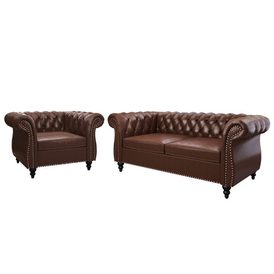 2 Piece Living Room Set, Chesterfield Leather Sofa Couch Chair with Scroll Arms and Nailhead for Living Room, Office (Dark Brown)