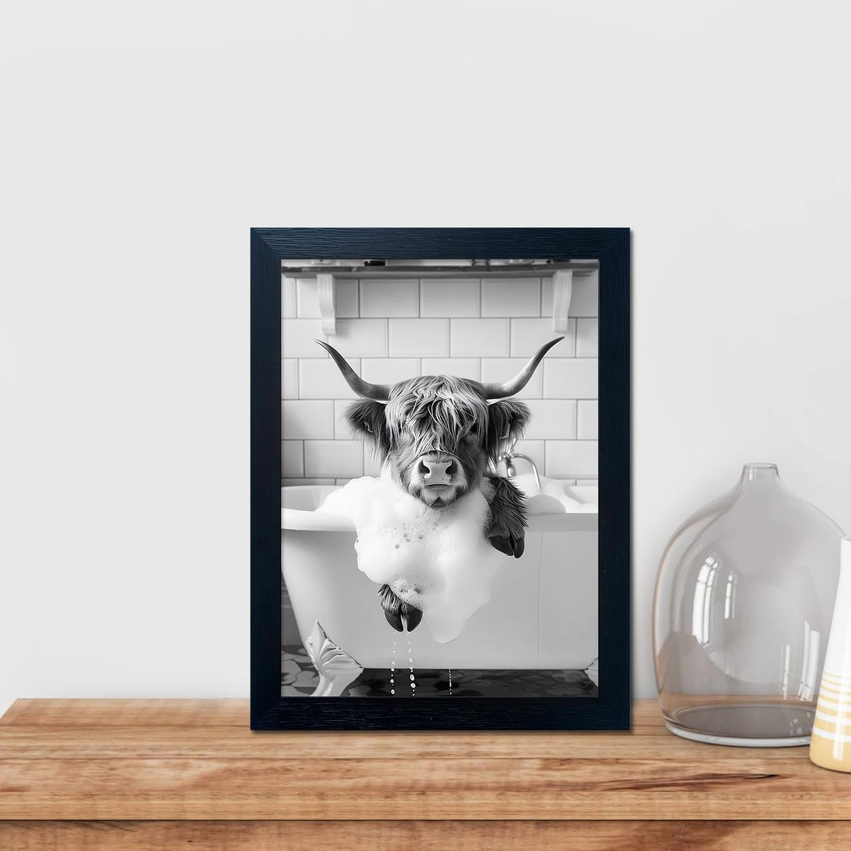 Highland Cow Bathroom Decor, Funny Bathroom Wall Art, Highland Cow in Bathtub Farmhouse Canvas Print, Black and White Cow Pictures Wall Decor, Framed Animal Pint Artworks for Wall Senlifa Art