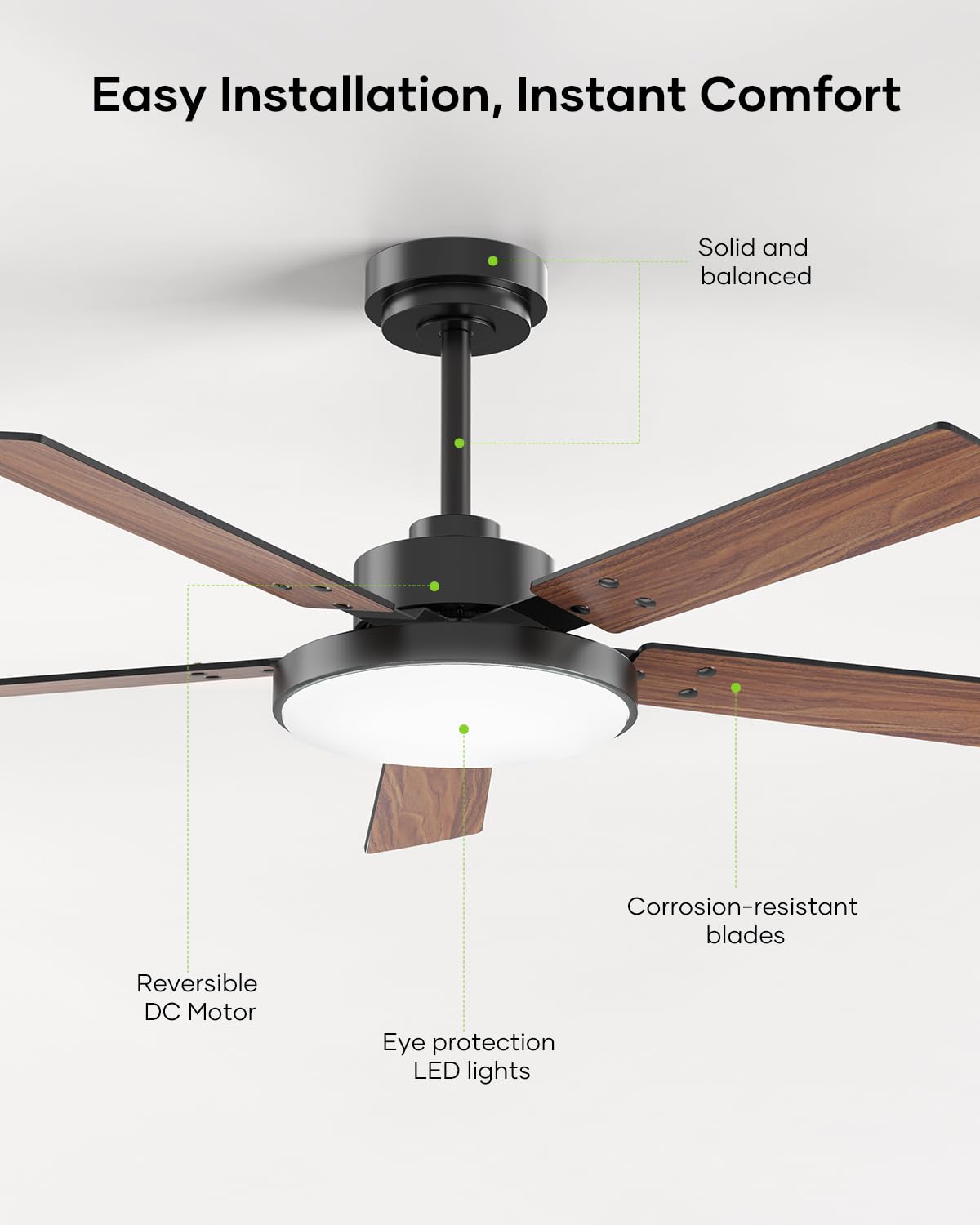 Vaczon 52 inch Black Ceiling fan with Light and Remote/APP, Ceiling Fans with Lights, 3CCT, Reversible 6 Speeds Quiet, Black Modern Ceiling Fan with Light for Indoor Outdoor Bedroom Patio Living Room Vaczon