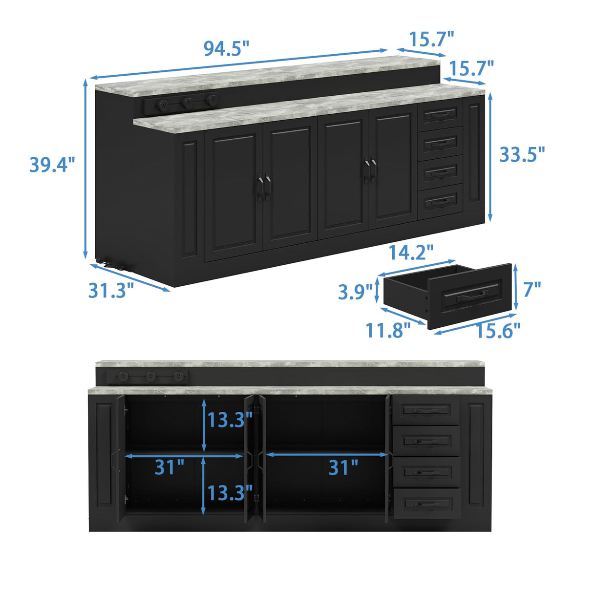 WOODTIME 94.5" W Stationary Kitchen Island Storage Cabinet with Built-in Power Outlet, 2 Countertop, Adjustable Shelves & 3 Drawers for Dining Room, Black & Marble Grain WOODTIME