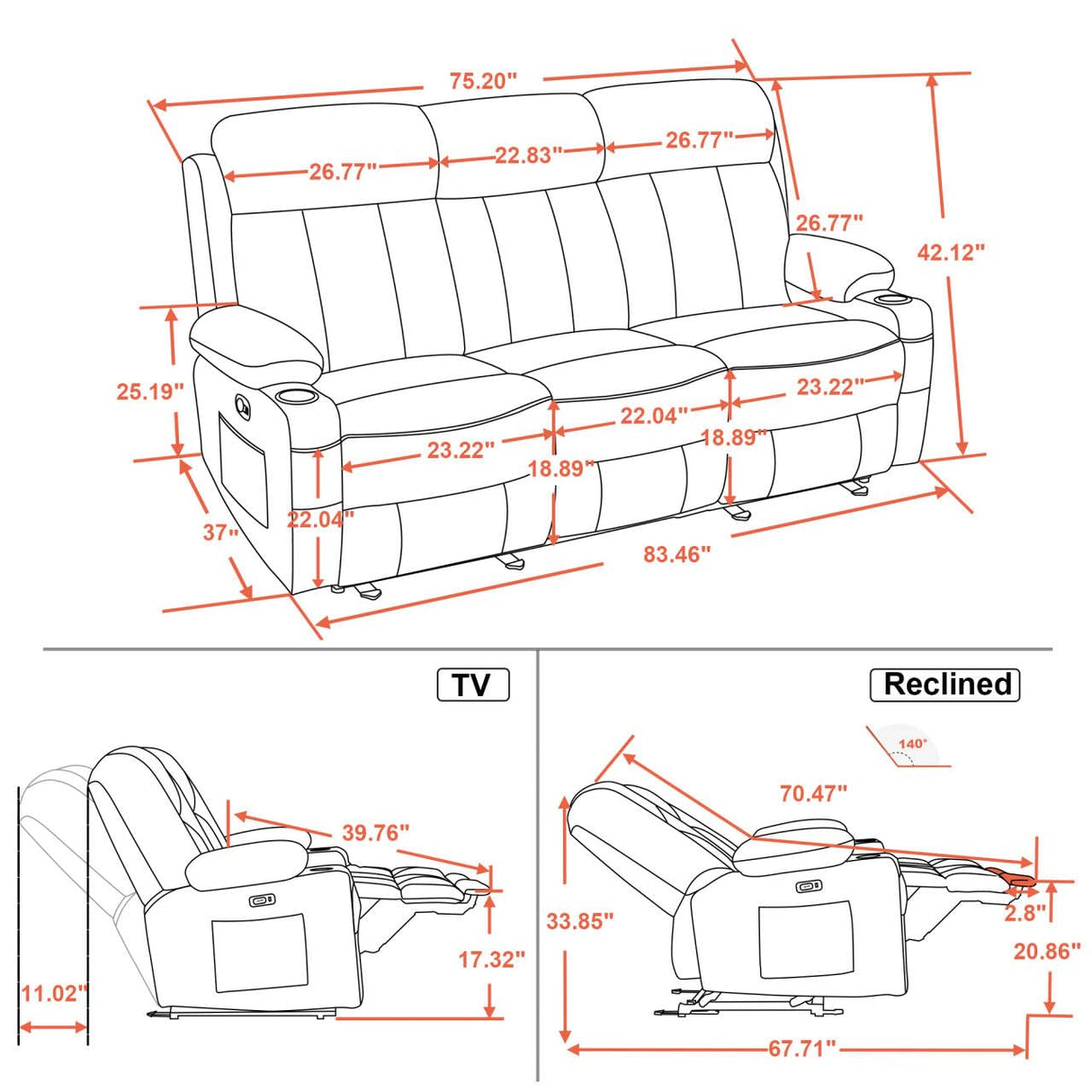 MCombo Power Reclining Sofa with Heat and Vibration,USB Ports, Cup Holders,3-Seat Dual Recliner Sofa for Living Room 6077(Cream White, Reclining Sofa) MCombo