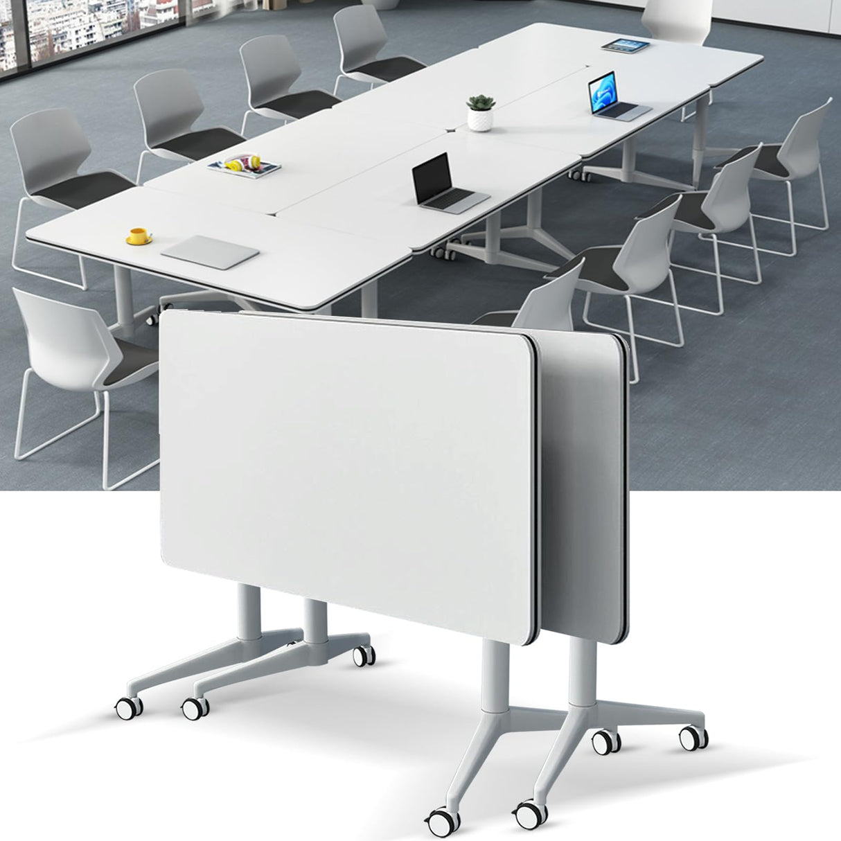 Ptosziav Folding Conference Table Conference Room Table, Modern Flip Top Mobile Training Table, Foldable Meeting Table for Office Training Room,Meeting Seminar Tables with Caster Wheels(2 Pcs 55.1IN) Ptosziav