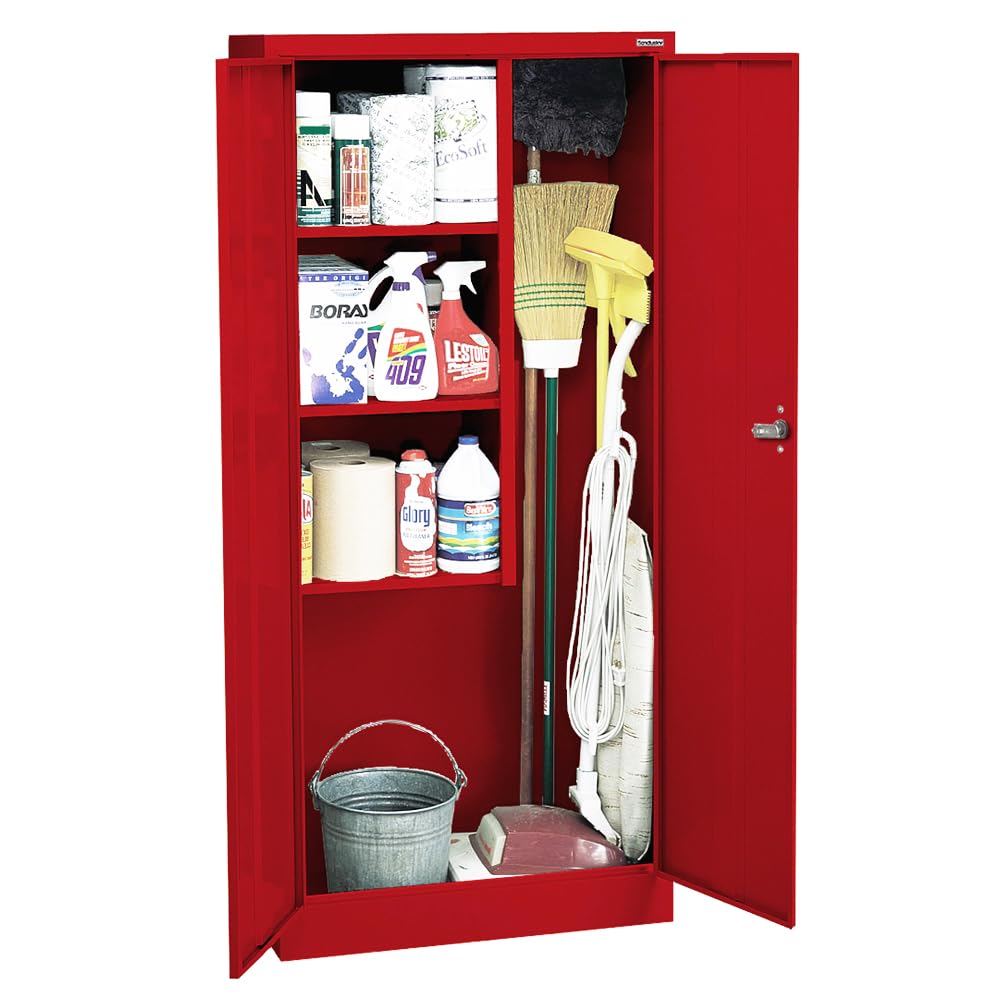 Sandusky Lee VFC1301866-01 Janitorial Supply Metal Storage Cabinet with 3 Shelves and Locking Handle, 150lb Capacity, 18" Depth x 30" Width x 66" Height, Red Sandusky